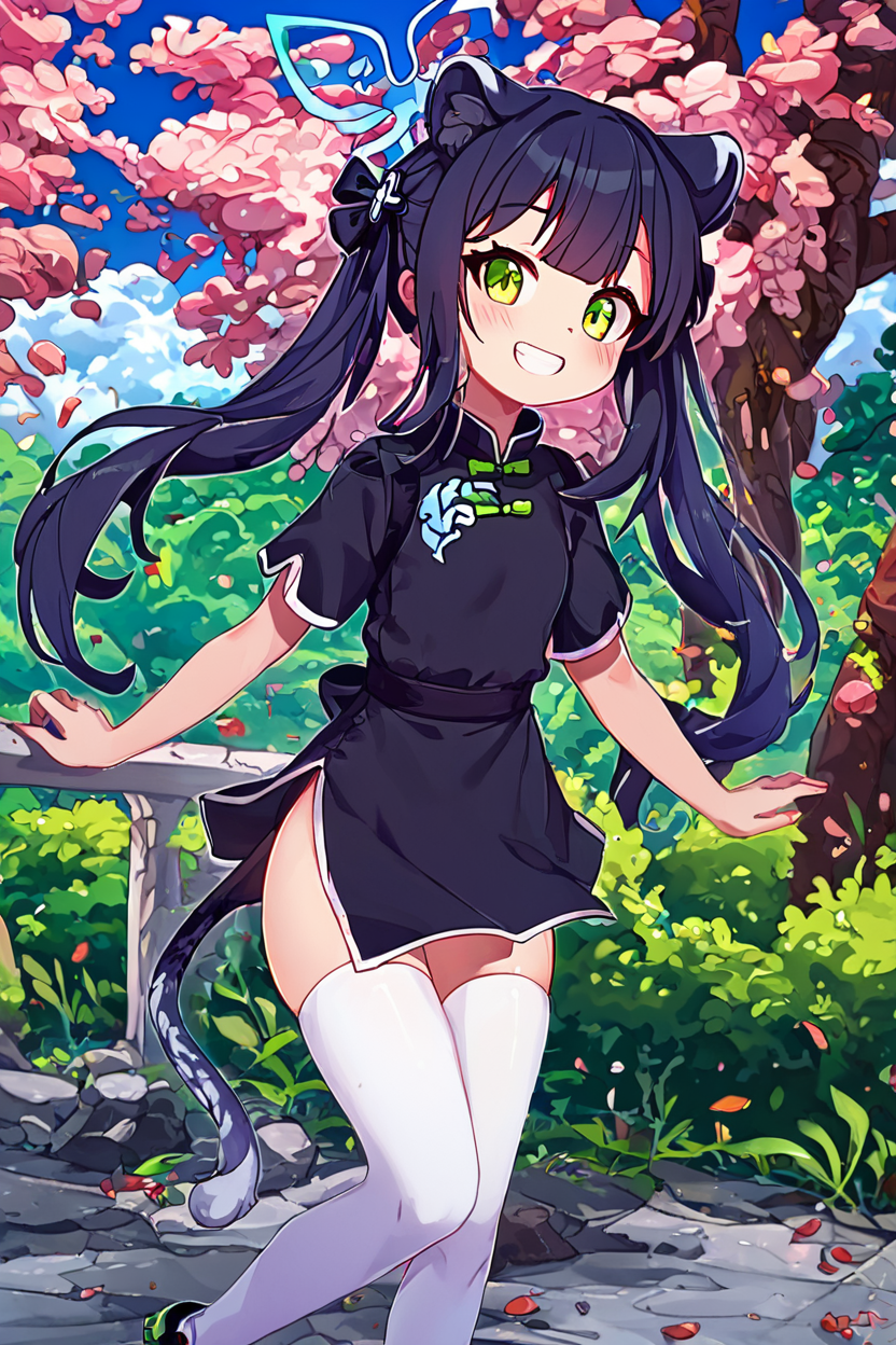 score_9, score_8_up, score_8, medium breasts, (curvy), cute, eyelashes,       BREAK, , ,,,  zzShun, green eyes, black hair, blunt bangs, long hair, animal ears, tiger ears, halo, animal ear fluff, twintails, tiger girl, extra ears, black dress, black footwear, china dress, shoes, short sleeves, white thighhighs,  <lora:Shun_BlueArchive_PDXL_v2:1.0>,  ,,,  , BREAK, smile, looking at viewer, cowboy shot, ,,, outdoors, sky, day, cloud, tree, blue sky, sunny,  ,,, Expressiveh, ,,, <lora:Alola_Style_PDXL:0.8>, <lora:Expressive_H-000001:0.4>,