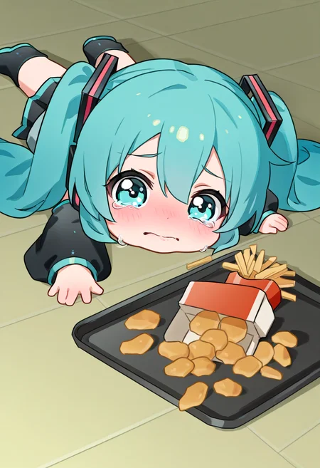 (masterpiece, high quality, amazing detail), highres, apu spills his tendies (meme), hatsune miku, 1girl, chibi, small, solo, looking at viewer, blush, lying, food, tears, crying, on stomach, tray, tearing up, french fries, tripping, fallen down,  <lora:apu_spills_his_tendies_meme:1>