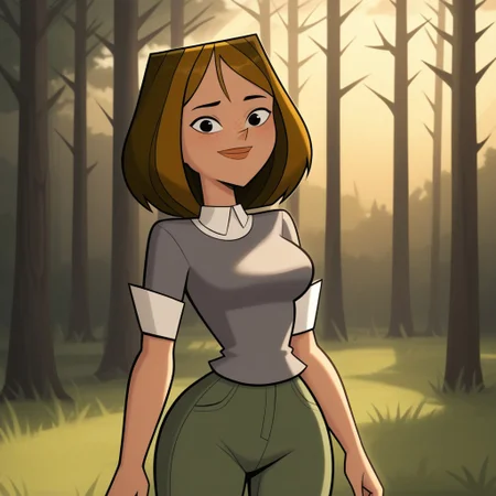 score_9, score_8, BREAK, solo, brown hair, black eyes, lips, collared shirt, grey sweater, short sleeves, green pants, dark skin, freckles, breasts, Total Drama, Courtney_(Total_Drama), sexy pose, smile, outdoors, sunlight, shadows, evening lighting, natural lighting, forest, trees, grass, orange sky, sunset