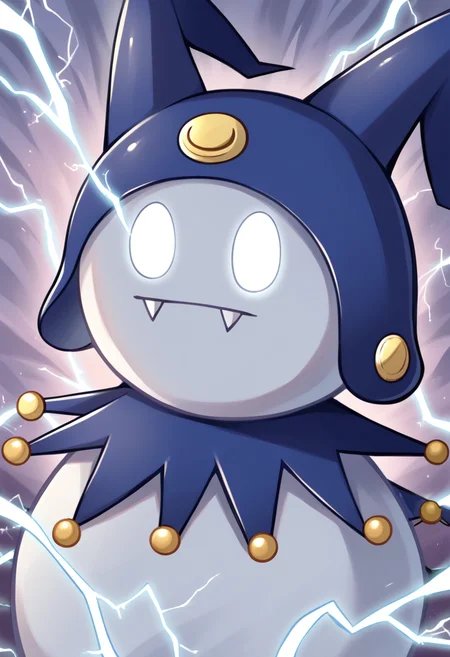 score_9, score_8_up, score_7_up, source_anime BREAK solo, <lora:Jack-Frost-pdxl_Fp-000006:1>, jackfrostsmt, creature, white skin, solid oval eyes, :d, fangs, jester cap, <lora:KYS_XLPD:1>, electricity, upper body, glowing eyes, no eyes, happy, chibi
