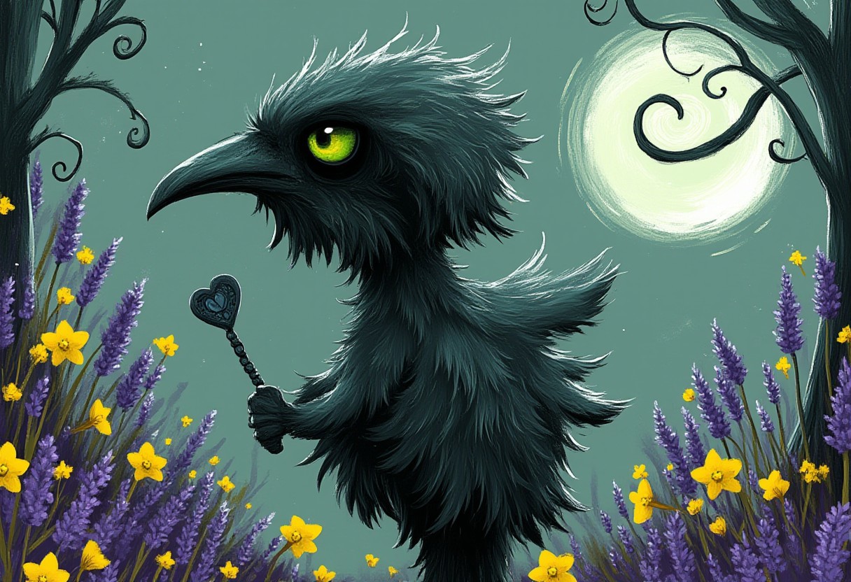 A whimsical illustration of a lanky, stretched raven with an impossibly long beak holding a dark heart-shaped locket, in dark whimsical art style, perched among purple lavender and yellow daffodils, digital painting with rough brushstrokes creating texture in its ruffled feathers, misty dawn background with curling vines forming heart shapes, characteristic Tim Burton inspired design with massive emerald eyes reflecting moonlight