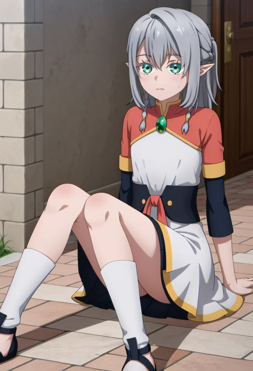 <lora:Young Tessia_IL:1>Young Tessia, 1girl, gray hair, pointed ears, elf, green eyes, white asymmetrical dress with yellow trim, red sash waist tie, black long-sleeve undershirt, green gem pendant necklace, white thigh-high socks, black crisscross strap shoes