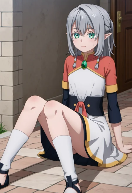 <lora:Young Tessia_IL:1>Young Tessia, 1girl, gray hair, pointed ears, elf, green eyes, white asymmetrical dress with yellow trim, red sash waist tie, black long-sleeve undershirt, green gem pendant necklace, white thigh-high socks, black crisscross strap shoes