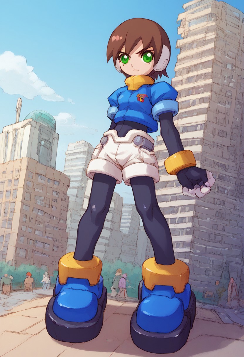 score_8, score_8_up, score_7_up, score_6_up,  official art, source_anime, BREAK, 1girl, small breasts, brown hair, short hair, green eyes, robot ears, black bodysuit, fingerless gloves, blue Cropped Jacket, cropped jacket, short sleeves, bracelet, shorts, anklet, shoes, blue footgear, city, skyscraper, sci-fi city