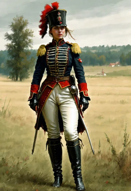beautiful slim large-breast young female Hungarian hussar, long boots, digital painting in jrst artstyle