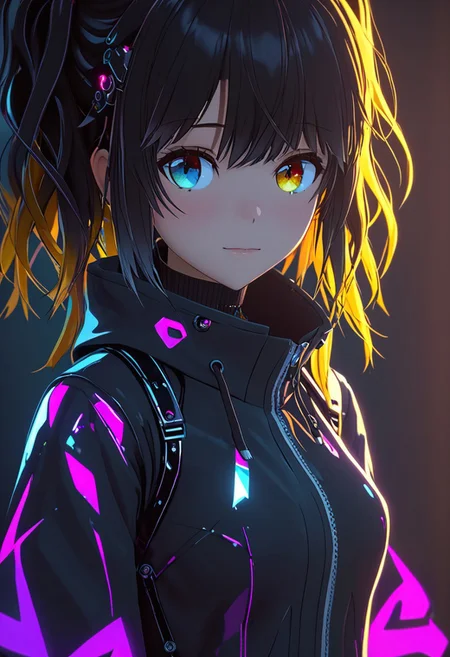 a cyberpunk girl, Wear clear neon glasses, cyberpunk., golden ratio details, 32k uhd, fantasy, cyberpunk, intricate, decadent, highly detailed, digital painting, ever after high, octane render, artstation, smooth, sharp focus, illustration,(heartwarming, uplifting, charming), (UHD, masterpiece, detailed eyes, detailed face, highest quality), (light leaks, subsurface scattering, rim light, beautiful lighting and shading, deep background, vibrant complementary colors, sharp focus),kaori, 1girl, heterochromia,full body