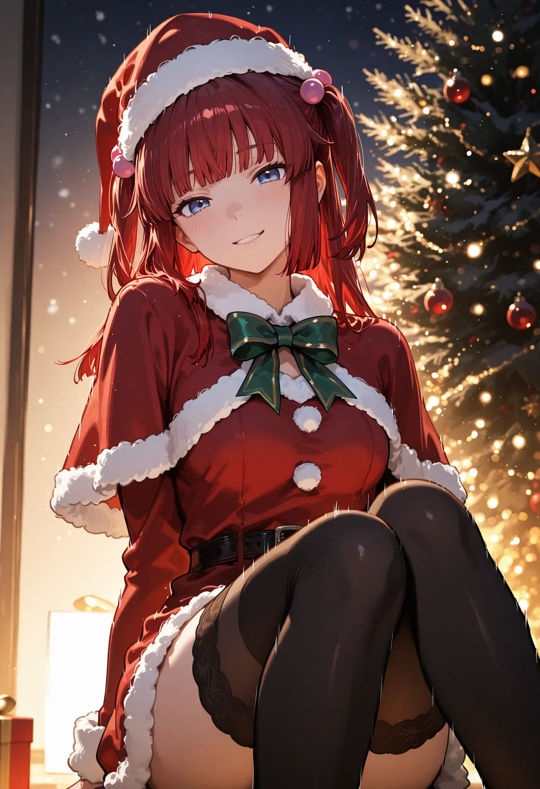<lora:Ushiromiya_AngedIL:0.85>, <lora:SDXL_HandFineTuning_XL:0.4>, <lora:for_illust_spo_sdxl_10ep_4k-data_lora_webui:0.7>, <lora:for_illust_GBF_Illustrious:0.4>, <lora:for_illust_ponyv5_noobV065S_1_adamW-000013:0.2>, <lora:for_illust_748cmSDXL:0.3>, <lora:warm light style v2:0.4>, perfect quality, best quality, absolutely eye-catching, cinematic, (masterpiece), (ultra-detailed), Soft lighting, very aesthetic, illustration, perfect composition, portrait, ultra detailed face, detailed eyes, blue eyes, 1girl, solo, sitting, christmas, hat, looking at viewer, santa costume, santa hat, christmas, christmas tree, ushiromiya ange, light smile, red hair, hair bobbles, hair ornament, long hair, black thighhighs