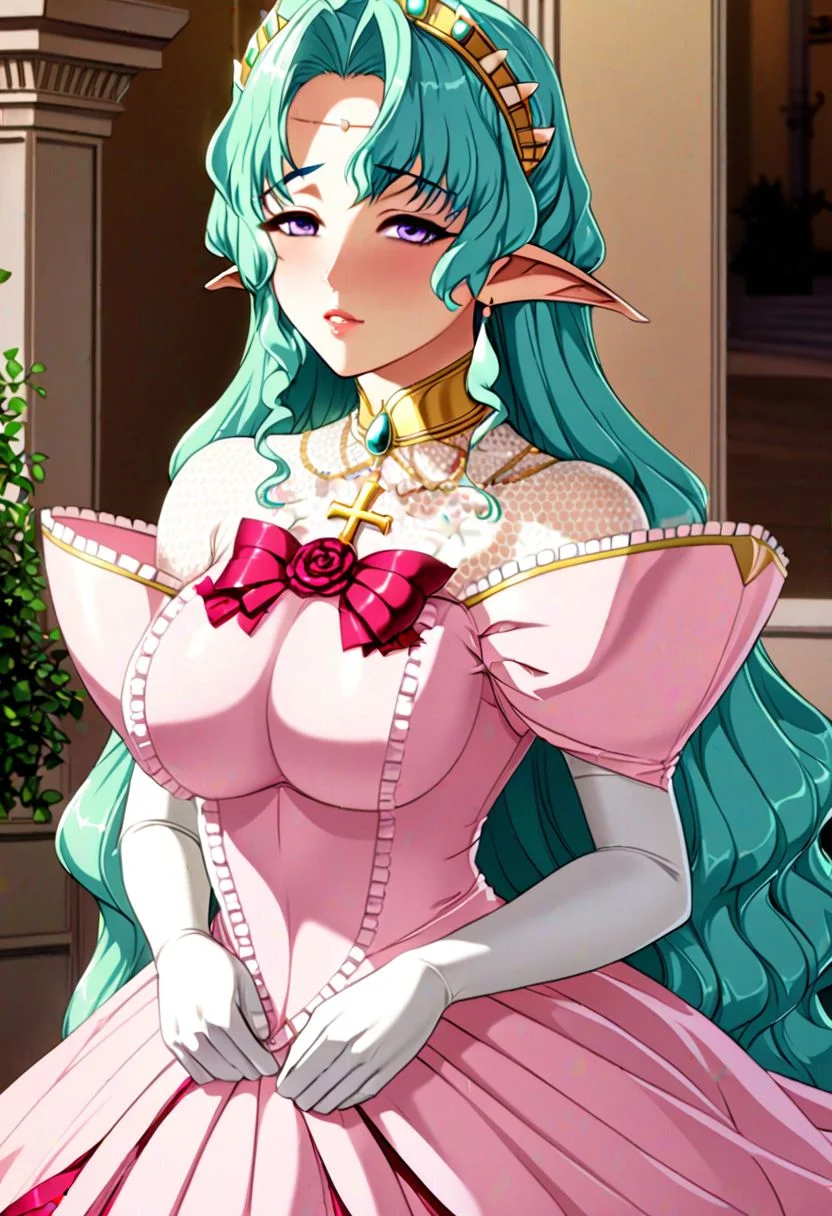 Arietta Elfinrine, delicate lady, violet eyes, detailed eyes, blush, Beautiful lips, lipgloss, luscius lips, teal hair, cross collar, pandant earrings, red ribbon on chest, pink princess dress, elbow gloves, Forehead jewelry, delicated and intrincade, masterpiece, ultra detailed, 4k