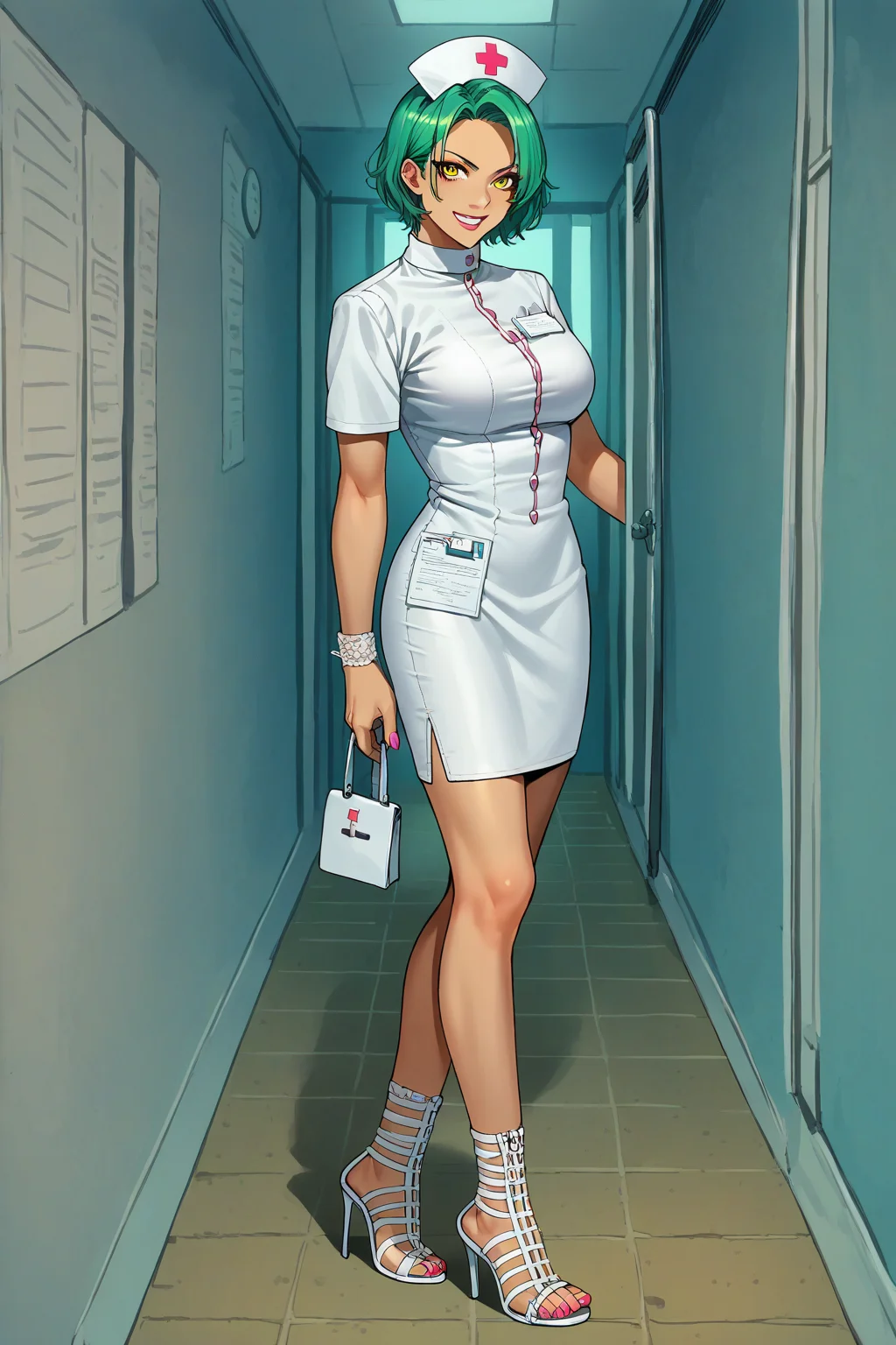score_9, score_8_up, score_7_up, score_6_up, source_anime, 1girl, solo skhik, green hair, short hair, yellow eyes, large breasts, Naughty Nurse, Nurse Dress, Nurse Cap, (Cage heels:1.2), indoors, hospital, full body, hallway, looking at you, smirk, Cage Sandals, white footware, nail polish, painted nails, pink nails, toenail polish, bird cage boots, ankle boots