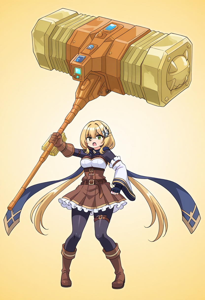 gorudionhammer, hammer, holding hammer, huge weapon, yellow background, 1girl, solo, chanyuusha, blonde hair, low twintails, very long hair, hair ornament, green eyes, scarf, medium breasts, bodysuit, arm strap, thigh strap, frilled dress, corset, single detached sleeve, single glove, single fingerless glove, mismatched gloves, belt, boots, serious, open mouth, standing, full body, glowing,