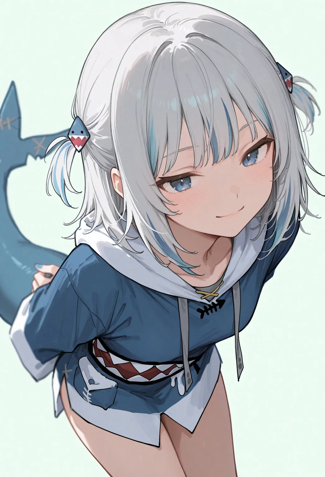 BREAK from side, depth of field, ambience sense, anime eyes, detailed anime eyes
BREAK blue hoodie, shark print, shark hair ornament, two side up, wide sleeves, drawstring, grey hair, streaked hair, blue eyes, shark tail, blue nails, ma1ma1helmes_b_illu,sketch, 7481llu
BREAK simple background, light green background, arms behind back, light smile, looking at viewer, leans, leaning forward, leans forward
BREAK masterpiece, best quality, very aesthetic, very awa, amazing quality, absurdres, newest, very aesthetic