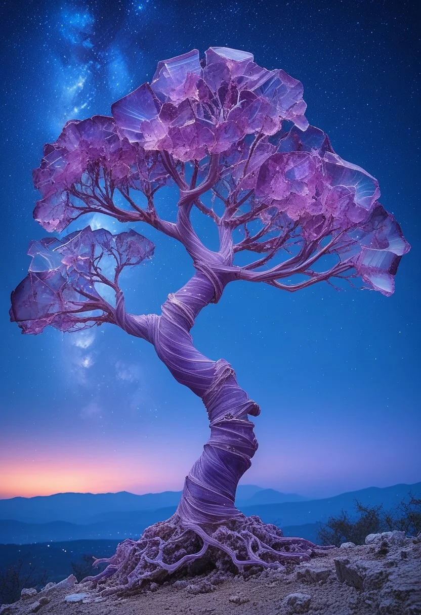reiq-37400, fluorite mineral, flu0rite, iridiscent, tree made of fluorite growing of a skull, background the night sky,  moon light, night time, stars in the sky, graveyard,