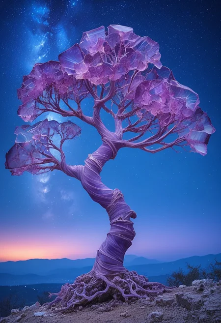 reiq-37400, fluorite mineral, flu0rite, iridiscent, tree made of fluorite growing of a skull, background the night sky, moon light, night time, stars in the sky, graveyard,