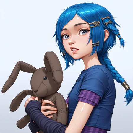 Powder, 1girl, braid, solo, stuffed toy, bangs, stuffed animal, striped sleeves, long hair, short sleeves, hair ornament, blue hair, holding, stuffed bunny, shirt, looking at viewer, parted lips, teeth, striped, from side, shiny hair, upper body, hairclip, grey background, shiny, simple background, gradient background, twin braids, arm warmers