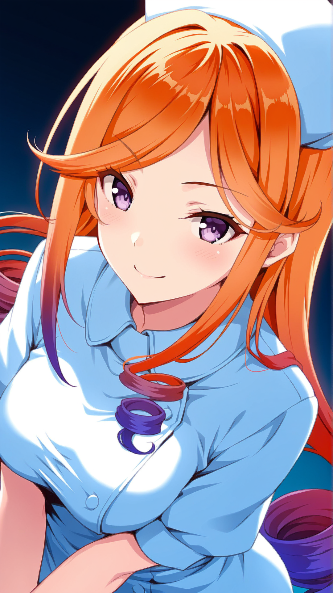 source_anime, general, best quality, masterpiece, 1girl,  <lora:yuugure_ill:1> yuugure \(kancolle\),long hair, multicolored hair, gradient hair, orange hair, purple eyes, asymmetrical sidelocks, drill hair, purple hair, nurse ,dynamic pose, dutch angle, smile, (seductive smile:0.8),