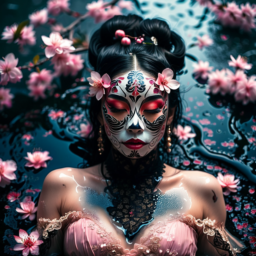 Surrealist art A raw full body photo of a woman,(wearing intricate traditional Oni Mask),tattooed, straight black hair, wearing a delicate black and pink dress accentuated by black lace, (laying down in puddle of shiny black liquid oil),pink cherry blossoms,largebreasts,cleavage,dim lighting,floating dust particle, bokeh,view from above,best quality,HD,highly detailed,bokeh,macro photography,   . Dreamlike, mysterious, provocative, symbolic, intricate, detailed