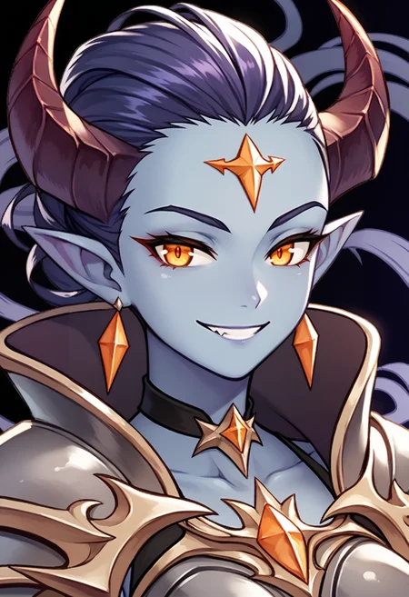 score_9, score_8_up, score_7_up, 1girl, solo, portrait, demon girl, demon horns, halterneck, choker, blue skin, colored skin, yellow eyes, orange eyes, forehead jewel, hair slicked back, pointy ears, earrings, thin eyebrows, <lora:kingsstyle-10:1>, evil smile, uneven eyes, medium breasts, breastplate, armor, abstract background, purple background, black background, looking at viewer, breasts