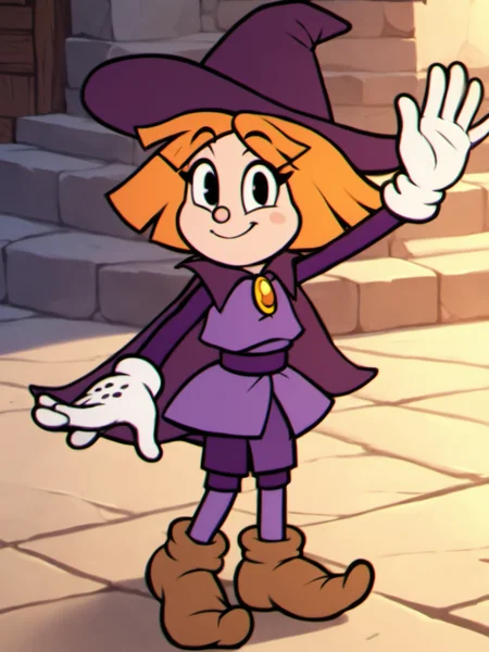 score_9, score_8_up, score_7_up, score_6_up, BREAK, P3nny, 1girl, solo, orange hair, short hair, witch hat, purple hat, black eyes, purple dress, purple cape, purple pantyhose, white gloves, brown footwear, smile, raise left hand, waving, looking at viewer, <lora:Penny-000009:1>