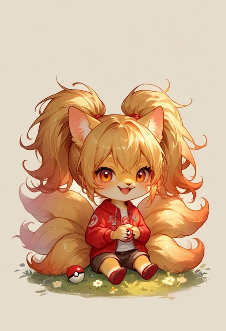 score_9, score_8_up, score_7_up, source_anime, solo, Ninetails happy, sitting next to a large pokeball, (anthropomorphic Ninetails, chibi body:1.3), simple background, (detailed image, high resolution, 5k resolution:1.0), (chibi art style:1.1)