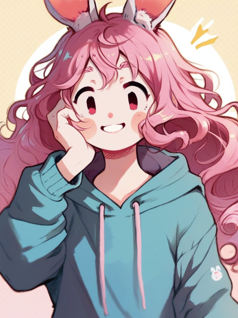 score_9, score_8_up, score_7_up, cute girl, rabbit ears, pink hair, wavy hair, red eyes, surprised, portrait, hoodie, hand on own cheek, looking at viewer, cowboy shot, smile, cute, solo, dutch angle, detailed background, 
 <lora:ANemupan_style:1>, Nemupan, flat color,