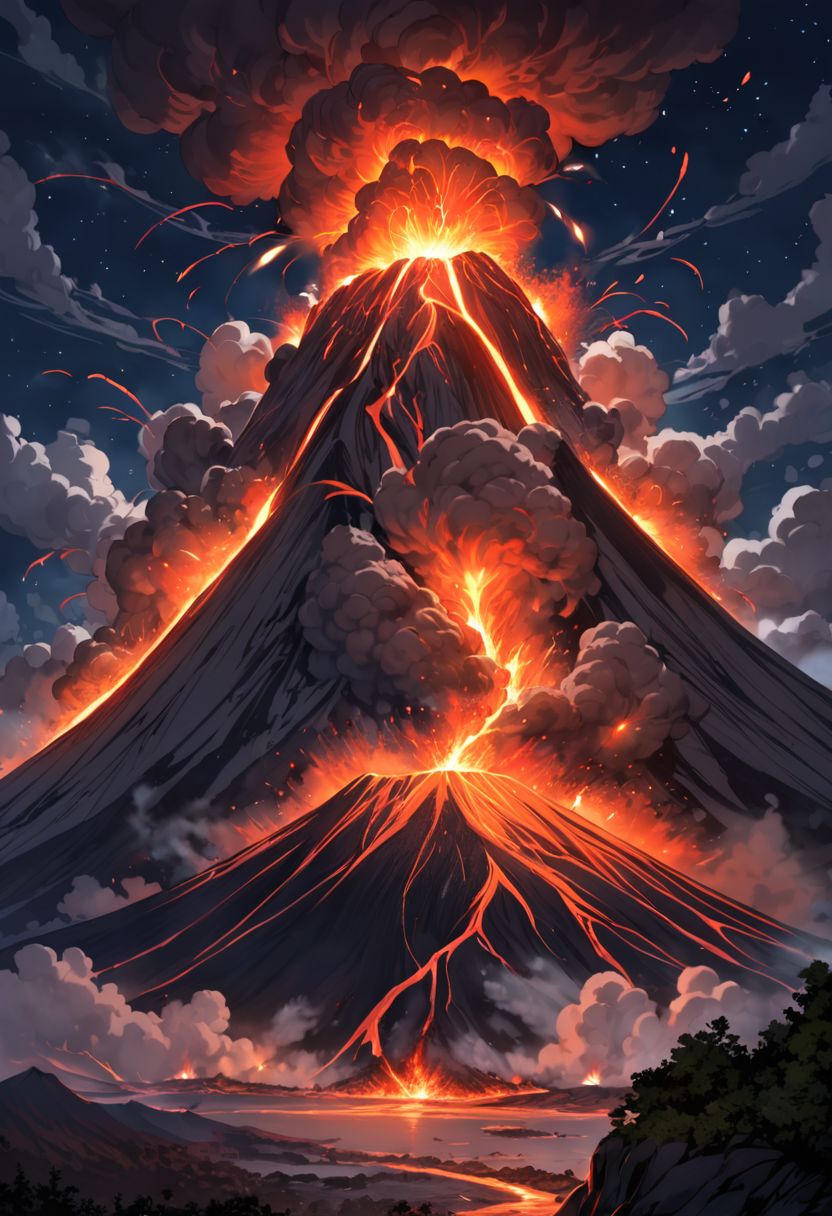 erupting volcano, rocky, swirling smoke and ash, nighttime, masterpiece