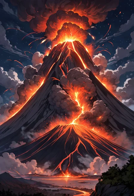 erupting volcano, rocky, swirling smoke and ash, nighttime, masterpiece