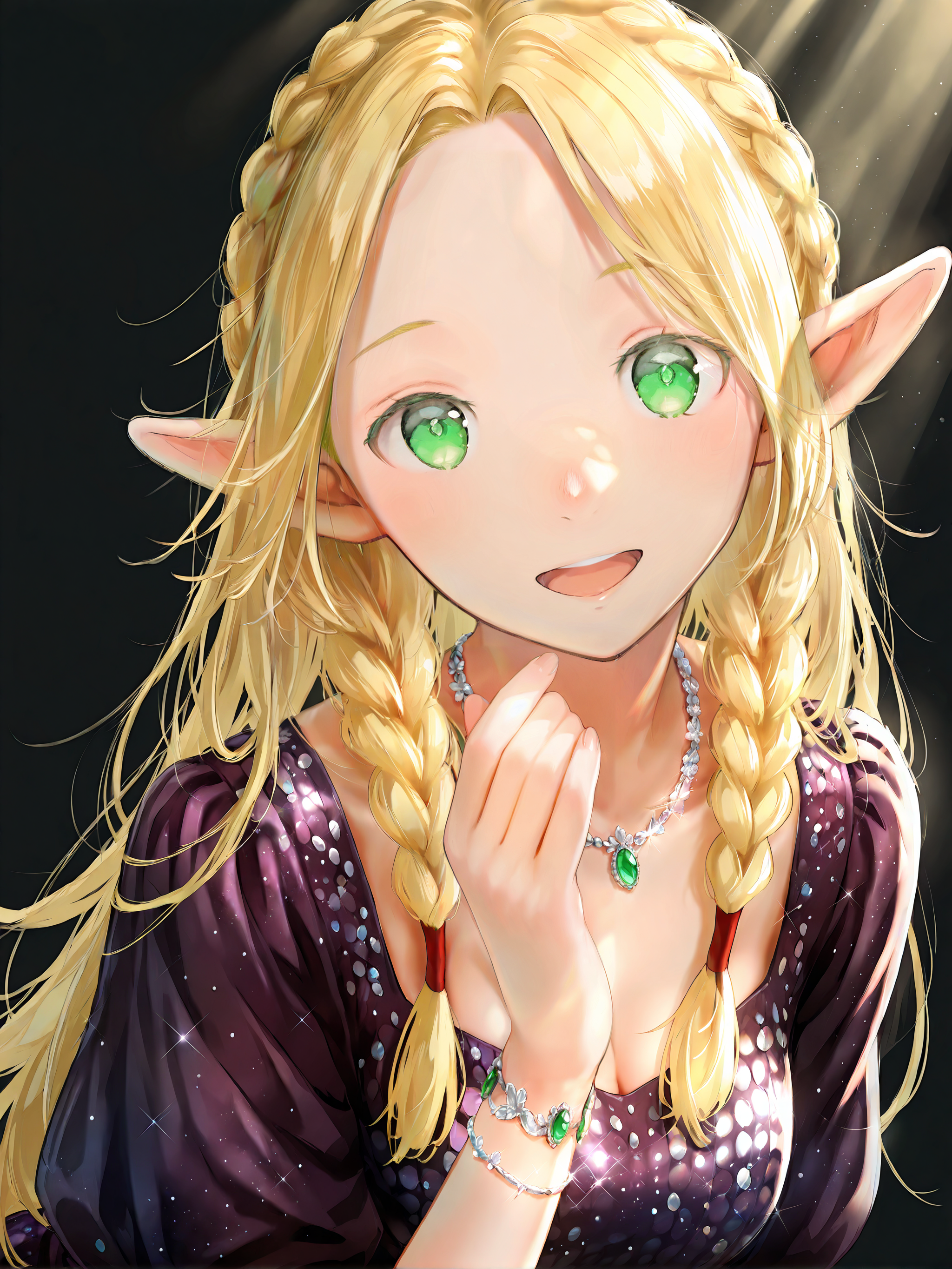 masterpiece,best quality,1girl,solo,absurdres,
marcille donato, 1girl, solo, alternate costume, bracelet, breasts, (Sequins dress), blonde hair, elf, green eyes, medium breasts,pointy ears,braid, jewelry, necklace, purple dress, looking_at_viewerï¼;d, Black background,light rays
upper body,<lora:jizell-illV1-000018:1>,