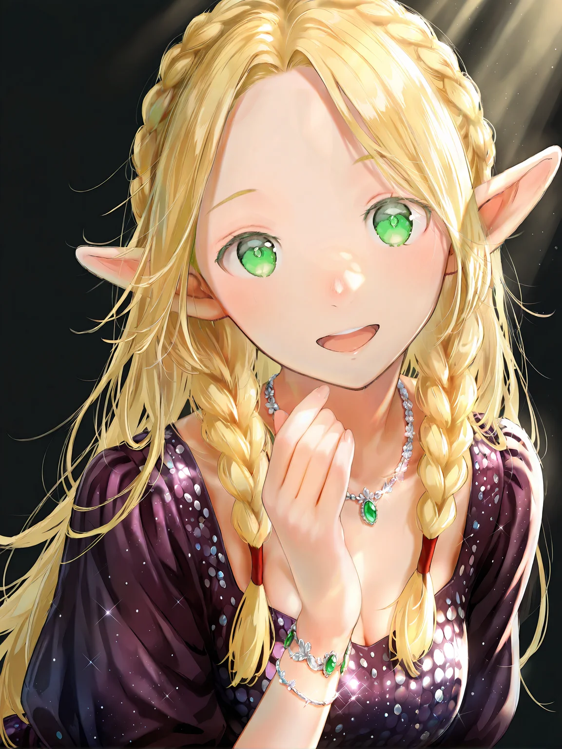 masterpiece,best quality,1girl,solo,absurdres,
marcille donato, 1girl, solo, alternate costume, bracelet, breasts, (Sequins dress), blonde hair, elf, green eyes, medium breasts,pointy ears,braid, jewelry, necklace, purple dress, looking_at_viewerï¼;d, Black background,light rays
upper body,<lora:jizell-illV1-000018:1>,