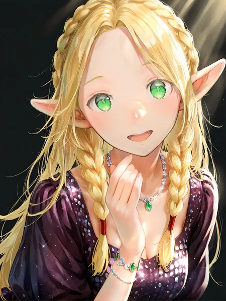 masterpiece,best quality,1girl,solo,absurdres,
marcille donato, 1girl, solo, alternate costume, bracelet, breasts, (Sequins dress), blonde hair, elf, green eyes, medium breasts,pointy ears,braid, jewelry, necklace, purple dress, looking_at_viewerï¼;d, Black background,light rays
upper body,<lora:jizell-illV1-000018:1>,