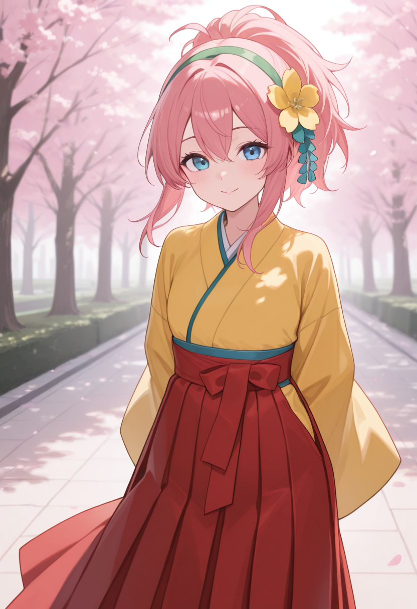 1girl,solo,<lora:sigsigil:0.9>,sigsig,blue eyes,pink hair,hair ornament,hair flower,yellow flower,ponytail,green hairband,yellow kimono,long sleeves,red hakama,hakama skirt,wide sleeves,japanese clothes,long skirt,looking_at_viewer,cowboy_shot,smile,arms_behind_back,cherry_blossoms,park,masterpiece,best quality,good quality,newest,incredibly absurdres,