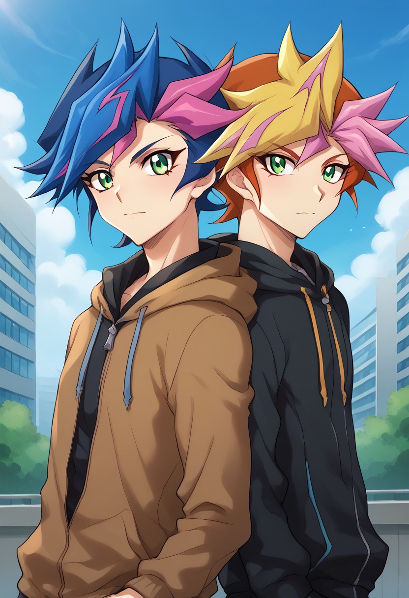 score_9, score_8_up, score_7_up, source_anime, highly detailed, 2boys,
yusaku, 1boy, male focus, multicolored hair, green eyes, spiked hair, blonde hair, looking at viewer, closed mouth, dyed bangs, playmaker outfit, BREAK
yusaku, 1boy, male focus,  green eyes, multicolored hair, blue hair, two-tone hair, pink hair, hoodie, BREAK
outdoor, building, sky,