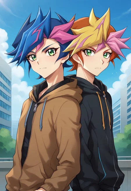 score_9, score_8_up, score_7_up, source_anime, highly detailed, 2boys,
yusaku, 1boy, male focus, multicolored hair, green eyes, spiked hair, blonde hair, looking at viewer, closed mouth, dyed bangs, playmaker outfit, BREAK
yusaku, 1boy, male focus, green eyes, multicolored hair, blue hair, two-tone hair, pink hair, hoodie, BREAK
outdoor, building, sky,