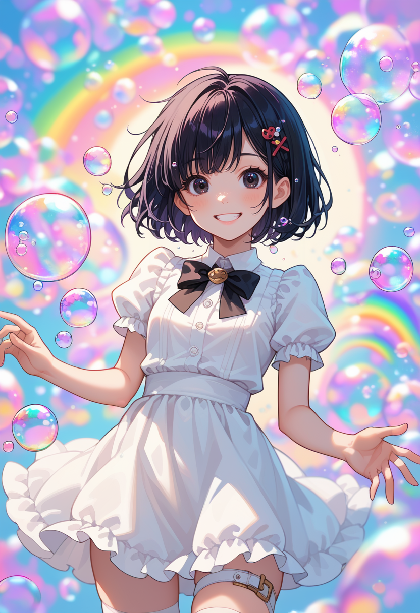 score_9, score_8_up, score_7_up, source_anime, perfect anatomy, ,cowbow shot ,front view,,,cute face , solo,looking at viewer, 20yo,20yo, black hair, black eyes, short bob hair, hair pin,small breast, slender,(white thigh strap:1.1),(black clohtes:1.1), }, open eyes , soap bubble background fantasy, purple bubbles, medium bubbles , rainbow bubbles ,large bubbles, smile beam, (clothed:1.2)<lora:soap-bubble-fantasy-04:1.2>
