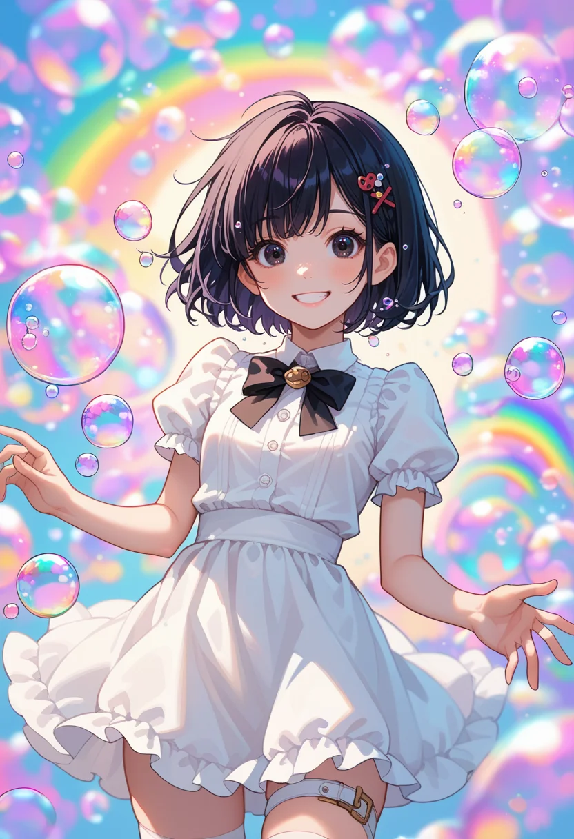 score_9, score_8_up, score_7_up, source_anime, perfect anatomy, ,cowbow shot ,front view,,,cute face , solo,looking at viewer, 20yo,20yo, black hair, black eyes, short bob hair, hair pin,small breast, slender,(white thigh strap:1.1),(black clohtes:1.1), }, open eyes , soap bubble background fantasy, purple bubbles, medium bubbles , rainbow bubbles ,large bubbles, smile beam, (clothed:1.2)<lora:soap-bubble-fantasy-04:1.2>