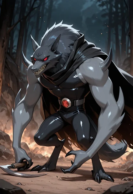 <lora:blitzwolfer-07:1> blitzwolfer, solo, 1boy, no humans, monster, pokemon (creature), red eyes, white fur,  cloaked, black cloak, holding sickles, , black claws, , sharp teeth, masterpiece, best quality, amazing quality, very aesthetic, absurdres, newest,,  massive arms, spikes on shoulder and elbows, wearing torn black cloak, torn cloak, black scarf, sickle in hand, black long sleeves, loose, sleeves,