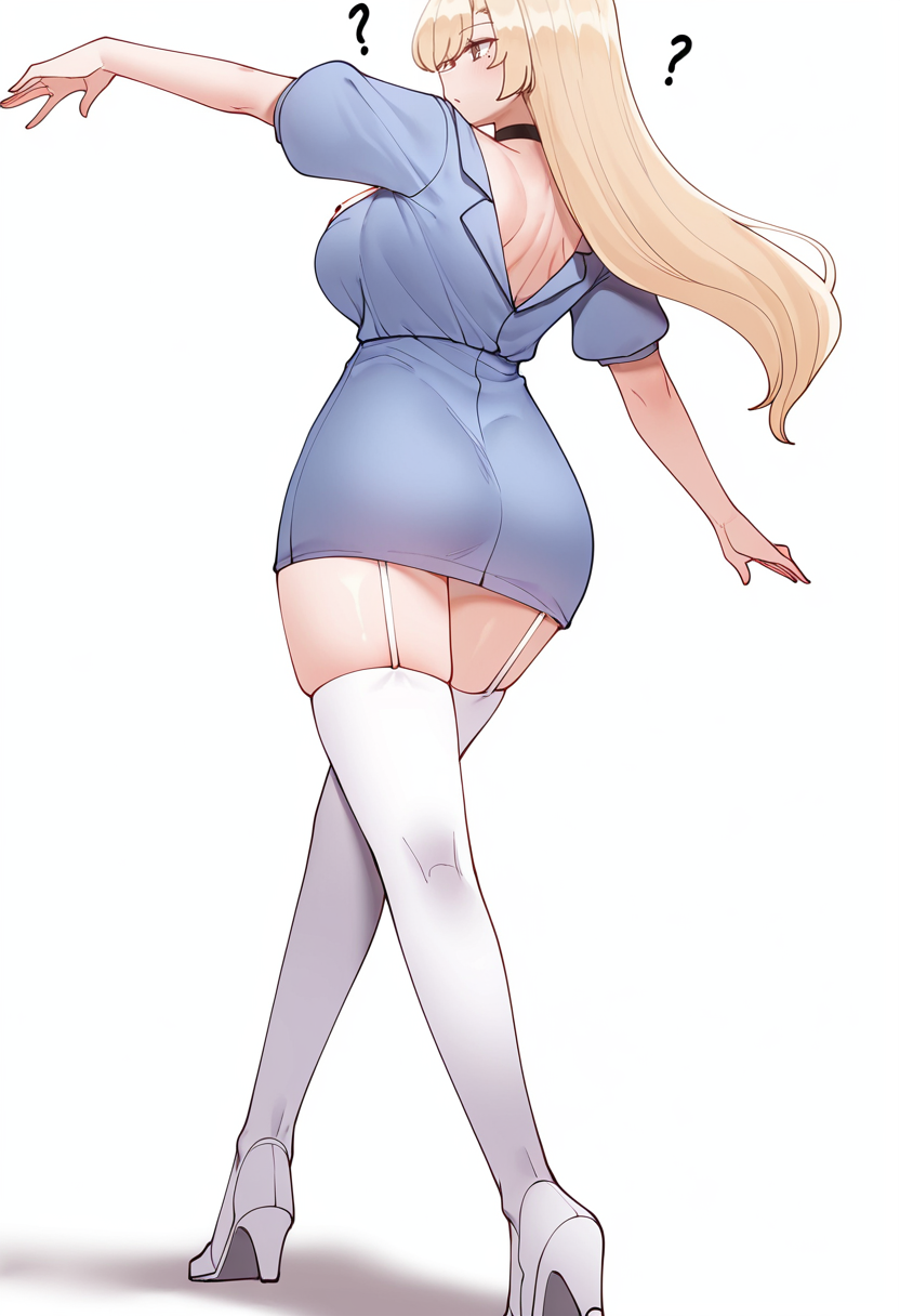 Smooth Quality,masterpiece,very intricate, high quality details, ultra realistic, high detailed skin,detailed enviorement,absurdres,
simple background, white background, dancing,from behind,\||/,skindentation, solo, 
 <lora:Yejin_Lim_CNR:0.8> yejin_cnr, 1girl, blonde hair, long hair, bangs, brown eyes, mole on breast, large breasts,yejin_suit_cnr,collarbone,short dress,blue jacket,black short sleeves,black choker, thighhighs, garter straps, high heels,, confused,, + +,