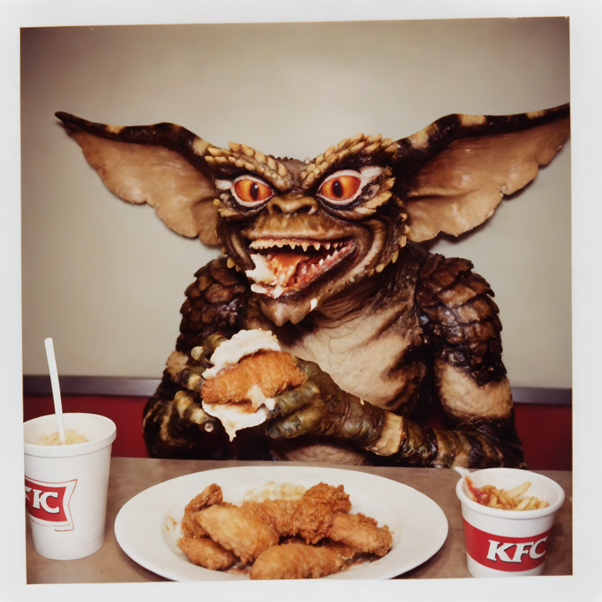 w9a polaroid of JDGremlin creature eating fried chicken in a KFC restaurant, <lora:w9a-polaroid-v1:0.9>, <lora:JDGremlin_JuggernautXL_8_v1:0.7>