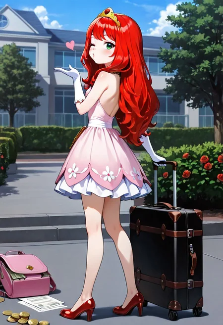 masterpiece, best quality, very aesthetic, absurdres,
solo, 1girl, Young Daphne, outside, park, Red hair, green eyes, very long hair, red high heels, blowing kiss, wink, heart, happy, puckered lips, white opera gloves, pink ball gown dress, golden princess tiara, bare shoulders, golden chain necklace, heart-shaped necklace ornament, green star-shaped gem on tiara, skirt, school campus, school building outskirts, wealthy, purple purse, pink roller backpack with wheels, rich girl, black suitcase, open suitcase, suitcase full of money, coins, paper money, chests full of money, treasure chests, cash, rose bush, red roses, back cutout, butterflies, white doves