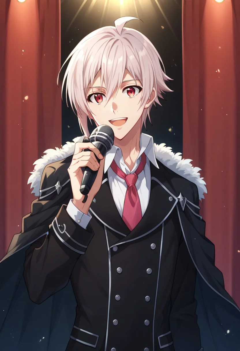 score_9, score_8_up, score_7_up, source_anime, highly detailed,
tennkujo, 1boy, male focus, solo, microphone, smile, open mouth, cape, pink hair, black cape, looking at viewer, necktie,
holding, holding microphone, ahoge, red eyes, upper body,
indoor, stage,