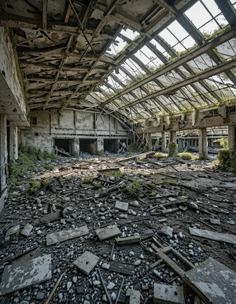 <lora:City_Worlds_02_Lost_Indusinc:1> cw02lost, indoors, abandoned, industrial, ruined structure, collapsed roof, decay, derelict, destruction, exposed beams, rubble, overgrown, concrete, broken, debris, urban decay, mess, debris, desolation, nature reclaiming