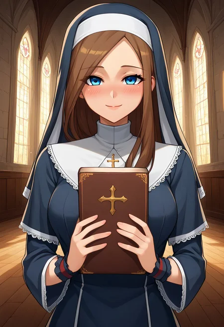 score_9, score_8_up, score_7_up, source_anime, prefect lighting, very aesthetic, intricate details, highly detailed background, masterpiece, high quality, prefect hands, best quality, uncensored, nsfw, 1girl, solo, medium breasts, charlotte_aulin, long hair, parted bangs, brown hair, blue eyes, nun’s habit, gentle smile, blush, looking at viewer, indoors, house, living room, holding book, pov, front view