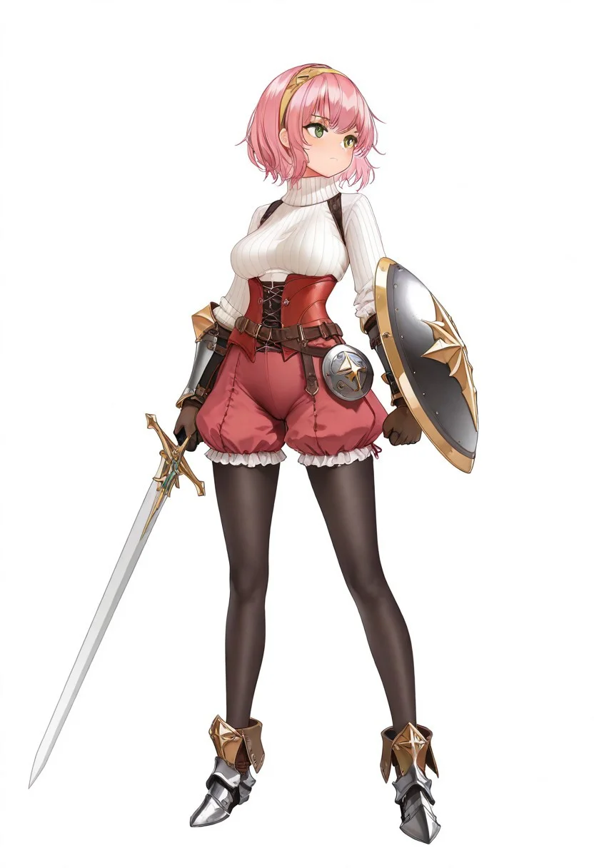 masterpiece, best quality, very aesthetic, absurdres,
full body, solo, 1girl, claire \(fantasica\), squire,
green eyes, pink hair, short hair, medium breasts,
yellow hairband, turtleneck sweater, ribbed sweater, white sweater, red bodice, vambraces, brown gloves, red shorts, puffy shorts, frilled shorts, bloomers, black pantyhose, pantyhose under shorts, ankle boots, armored boots,
holding sword, arm shield, buckler,
facing viewer, looking to the side, looking afar, standing, legs apart, closed mouth, clenched hand,
white background,
az-ys-il