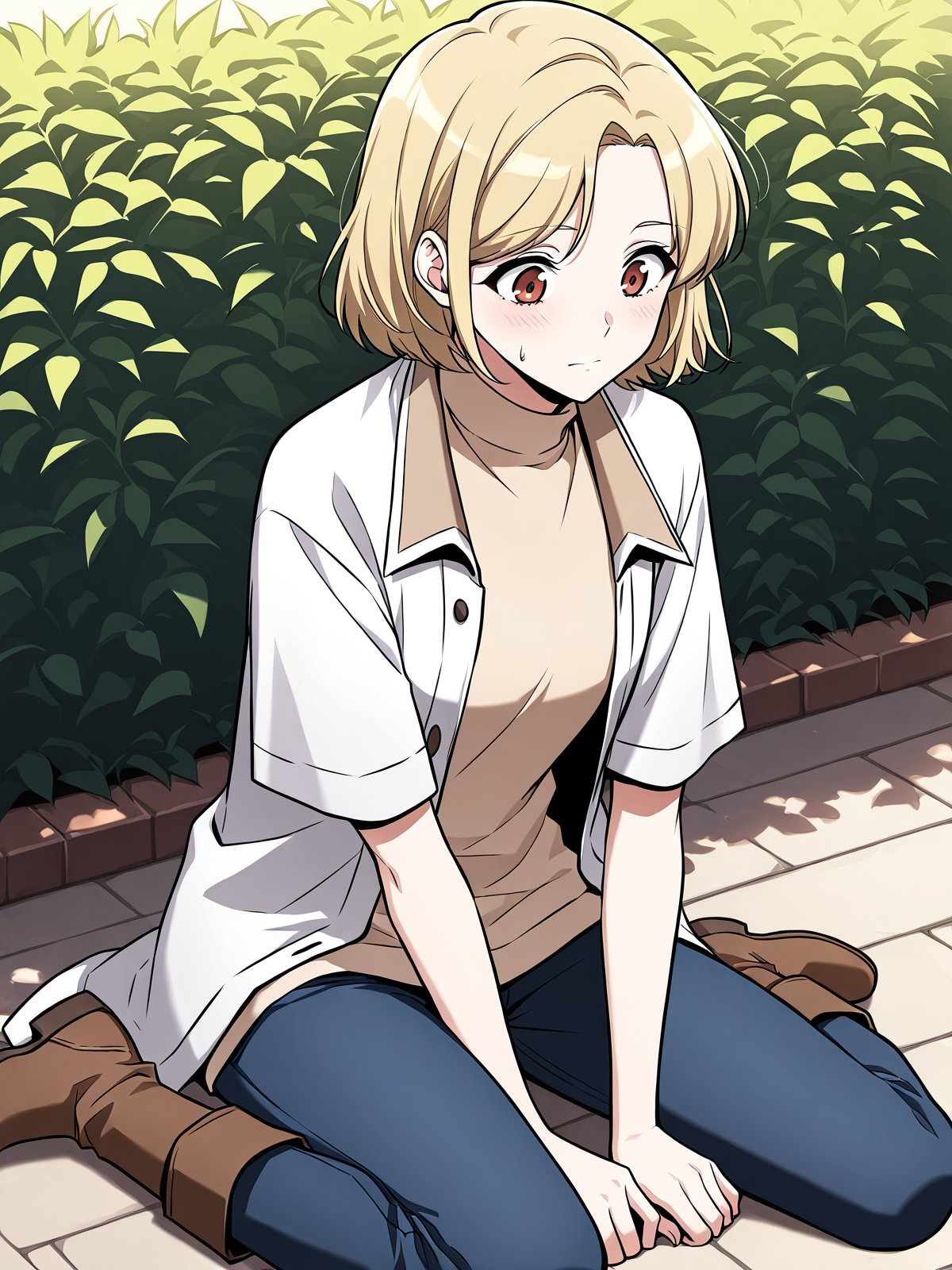 <lora:Omniscient_Readers_Viewpoint__Shin_Yoosung:1>
1girl, solo, short hair, blonde hair, soft expression, light skin,  red brown eyes,
white short-sleeve shirt, beige turtleneck sweater, dark blue jeans, brown boots, layered outfit, modern clothes, 
score_9, score_8_up, score_7_up, masterpiece, best quality, absurdres, perfect anatomy, 1girl, solo, wariza, sitting, hands on own knees, garden background