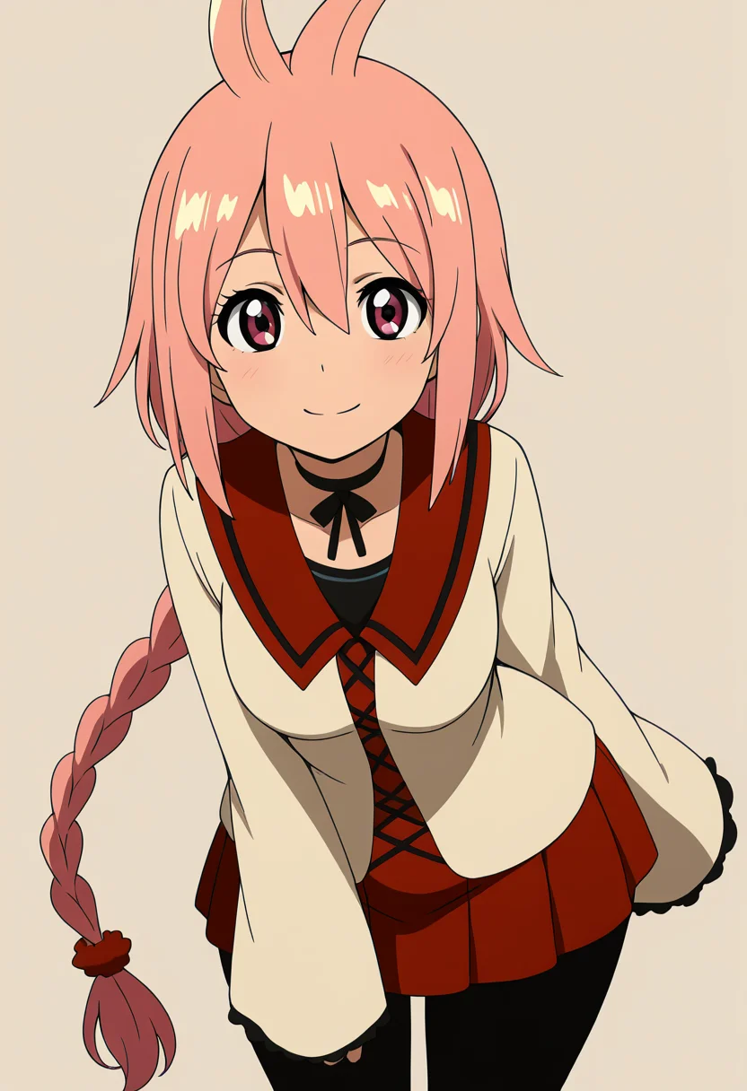 masterpiece, best quality, solo, curvy, beautiful eyes, narrow waist, wide hips, 1girl, solo, smile, looking at viewer, zzKaede, pink eyes, hair between eyes, ahoge, antenna hair, long hair, pink hair, single braid, school uniform, choker, sleeves past wrists, red skirt, black pantyhose, ,<lora:KaedeByKurumiErika_IXL:1.0>, from above, dynamic pose, cowboy shot, smile, looking at viewer, shiny skin,