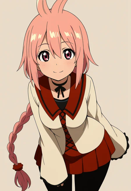 masterpiece, best quality, solo, curvy, beautiful eyes, narrow waist, wide hips, 1girl, solo, smile, looking at viewer, zzKaede, pink eyes, hair between eyes, ahoge, antenna hair, long hair, pink hair, single braid, school uniform, choker, sleeves past wrists, red skirt, black pantyhose, ,<lora:KaedeByKurumiErika_IXL:1.0>, from above, dynamic pose, cowboy shot, smile, looking at viewer, shiny skin,