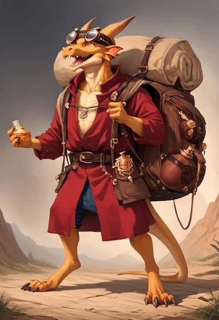 goblin, 1boy, golden skin, Kobold, furry dragon, tail, short stature, full body, score_9, score_8_up, score_7_up, score_6_up, alchemist bomber, crazy alchemist cartoon bombs, goggles on head, pathfinder portrait, potions, potion belt, red robes, golden ornaments, jewellry, (((enormous backpack, silly huge backpack, medium neck, gigantic backpack))), rpg portrait, gop, oil painting \(medium\), texture