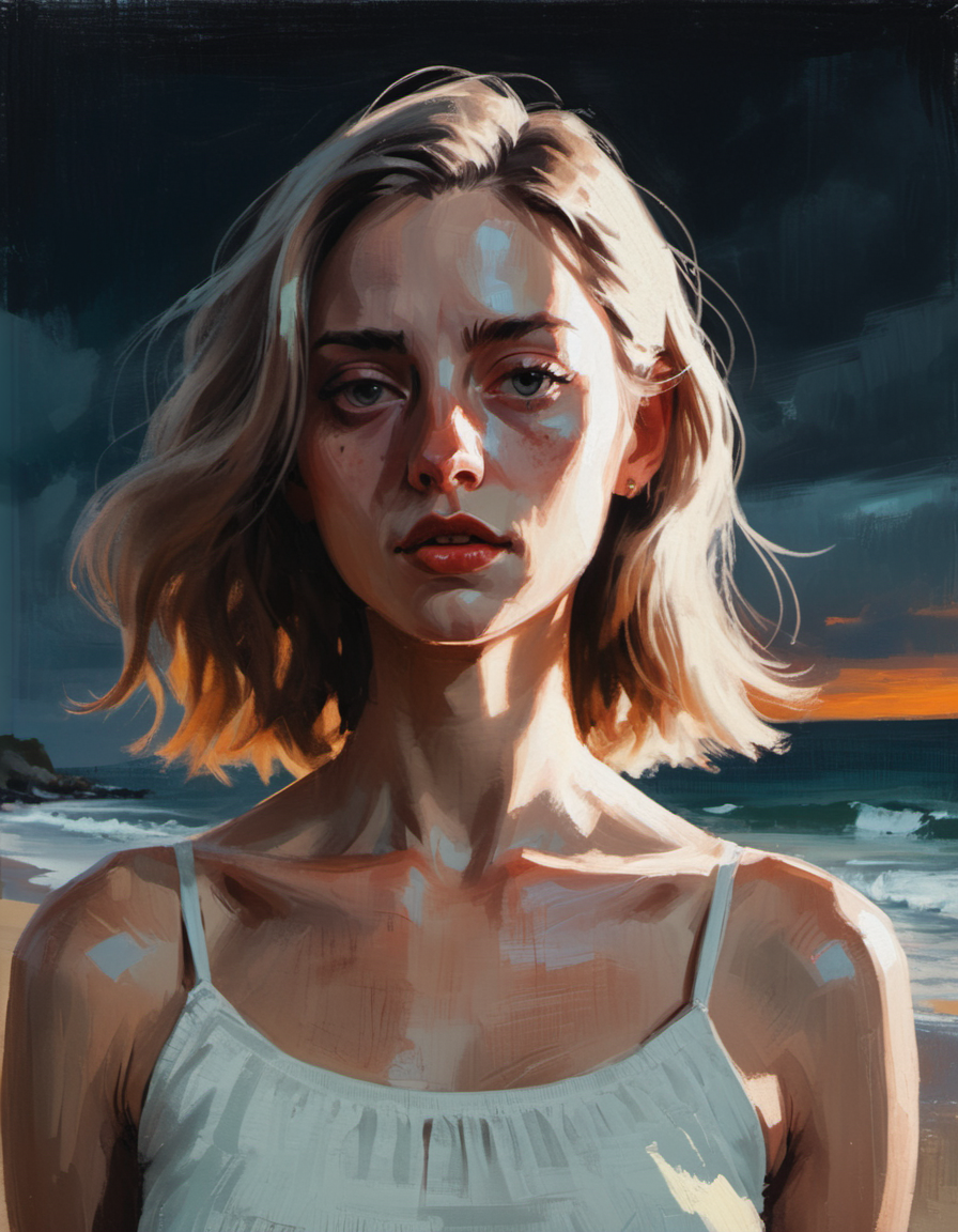 cinematic lighting, surreal painting of a woman on the beach, VSCO model posing, <lora:DiscoDeliriumXL-v1.2:1>
