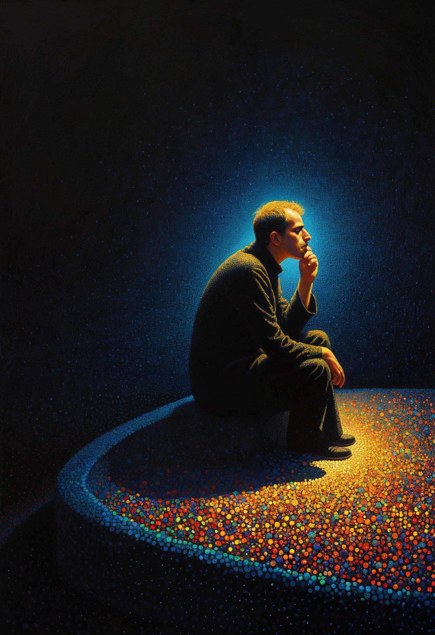 Pointillism, a nihilist is contemplating the futility of things and concludes it's all pointless, microdots representing blind spots, 8k, masterpiece, brilliant composition, deep dark contrast, minimal color usage