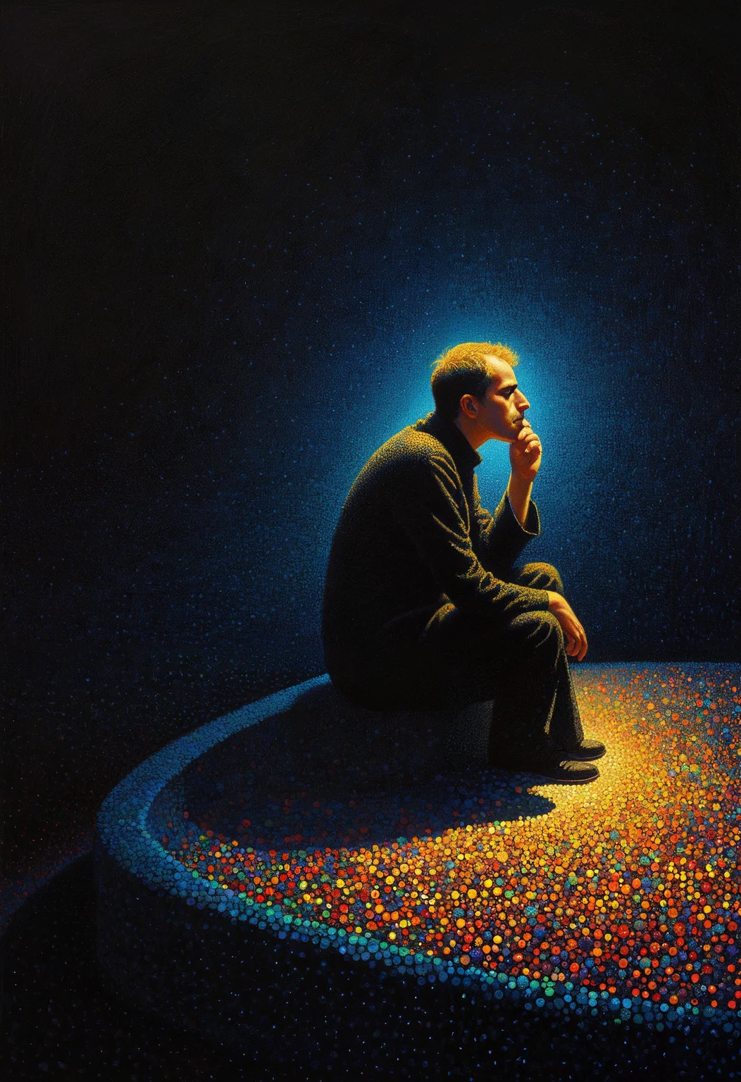 Pointillism, a nihilist is contemplating the futility of things and concludes it's all pointless, microdots representing blind spots, 8k, masterpiece, brilliant composition, deep dark contrast, minimal color usage