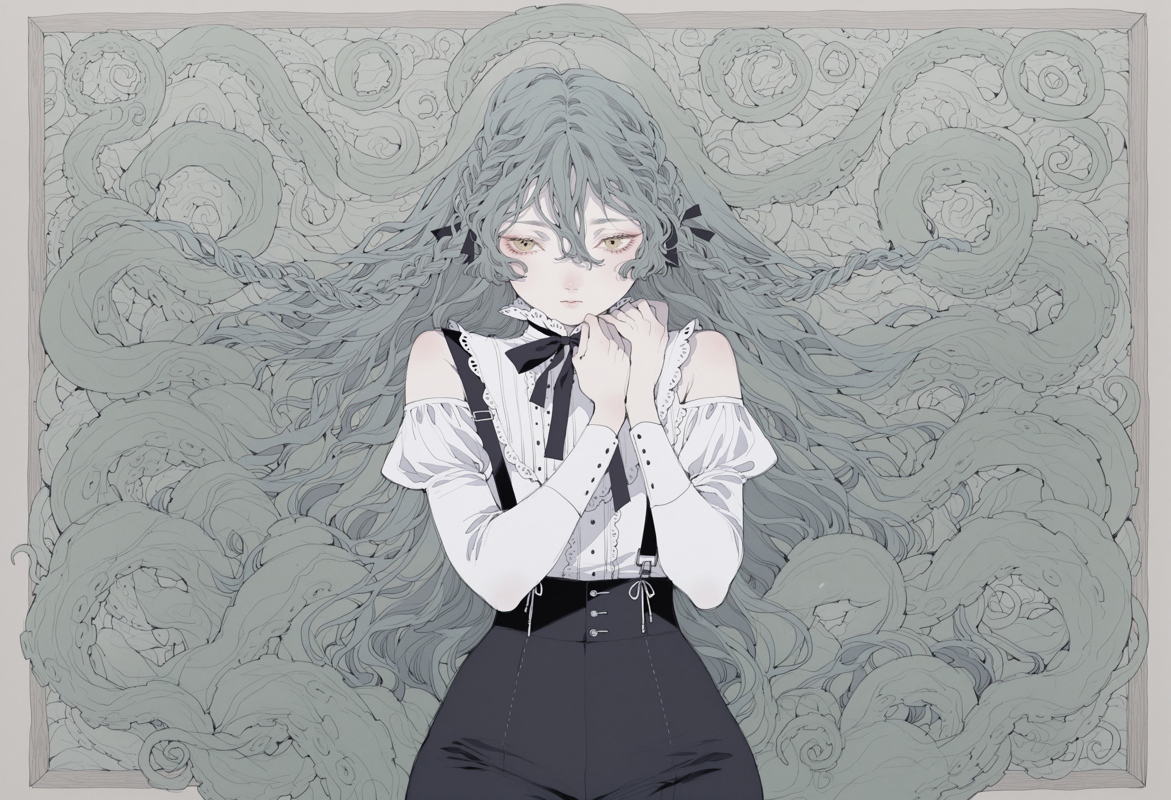 (masterpiece, best quality, ultra-detailed, absurdres, newest, detailed textures, correct anatomy:1), 
1 boy, Stands half-sideways, curly hair, ((upper body)), femboy, bare shoulders, black bow, black bowtie, black shorts, bow, bowtie, (two side braids), wavy hair, center-flap bangs, long hair, hair between eyes, green hair, hair between eyes, high-waist short, long hair, long sleeves, off-shoulder shirt, off shoulder, shirt, shoulder cutout, solo, suspender shorts, suspenders, very long hair, white shirt, yellow eyes, slightly wide hips <lora:Lopu_style:1>, lopu style, surrealism, ethereal, muted colors, cinematic lighting, mystical, tentacles, embracing tentacles, green tentacle